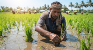 "A hard-working Indian farmer planting rice saplings in a muddy field, representing the immense struggle and dedication behind every grain of rice."